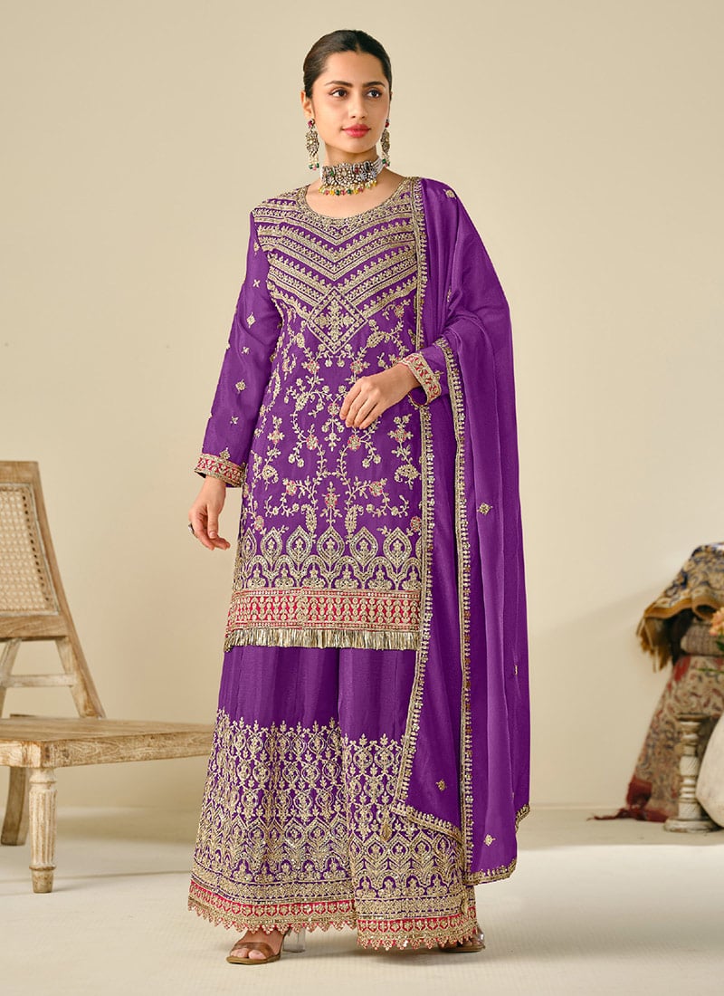 Purple Chinon Embroidered Sequins Pakistani Palazzo Suit Festive Wear
