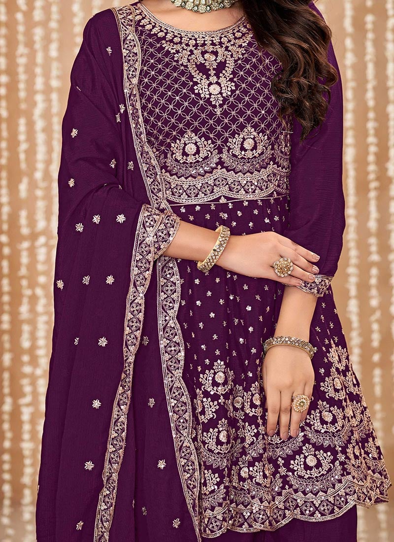 Purple Embellished Chinon Palazzo Suit Set With Dupatta