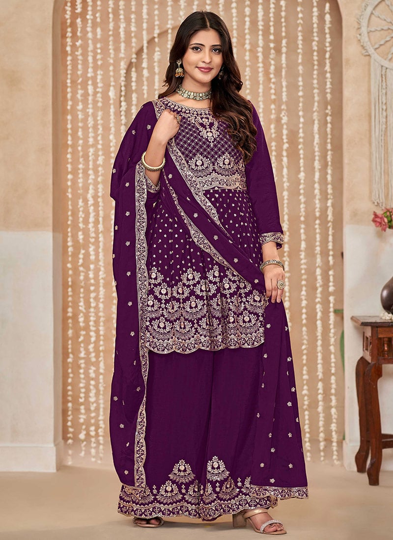 Purple Chinon Embroidered Sequins Palazzo Suit Festive Wear