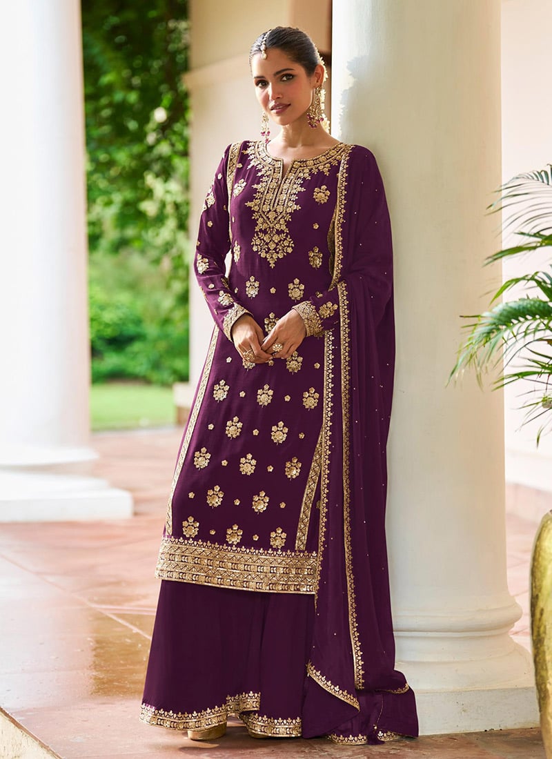 Purple Chinon Embroidered Sequins Palazzo Suit Festive Wear