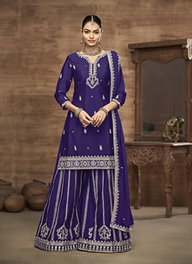 Purple Chinon Embroidered Sequins Palazzo Suit
