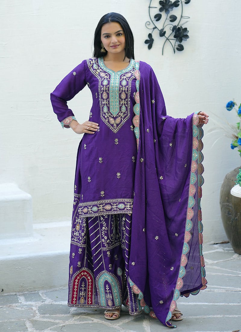 Purple Chinon Embroidered Sequins Palazzo Suit Festive Wear