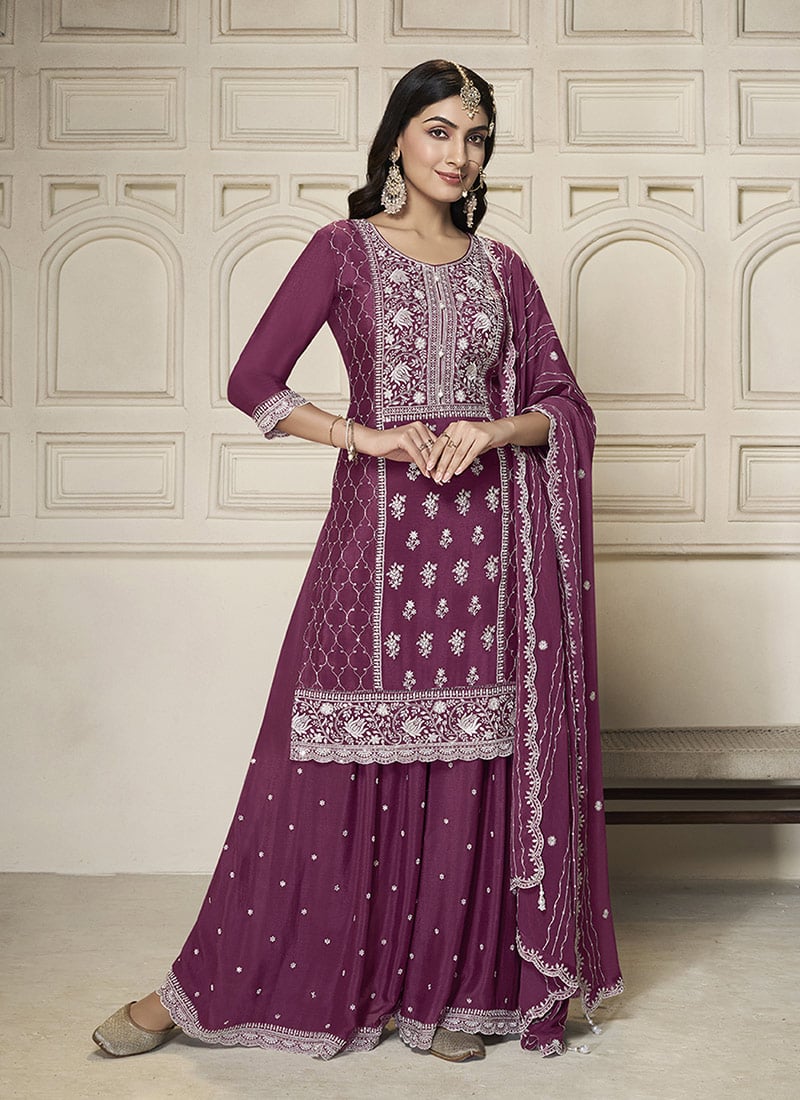 Purple Chinon Embroidered Sequins Palazzo Suit Festive Wear
