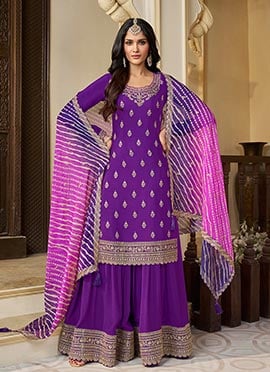 Purple Chinon Embroidered Sequins Palazzo Suit