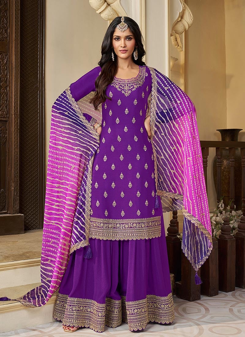 Purple Chinon Embroidered Sequins Palazzo Suit Festive Wear