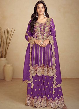 Purple Chinon Embroidered Sequins Regal A Line Palazzo Suit