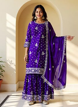 Purple Chinon Embroidered Sequins Sharara Suit