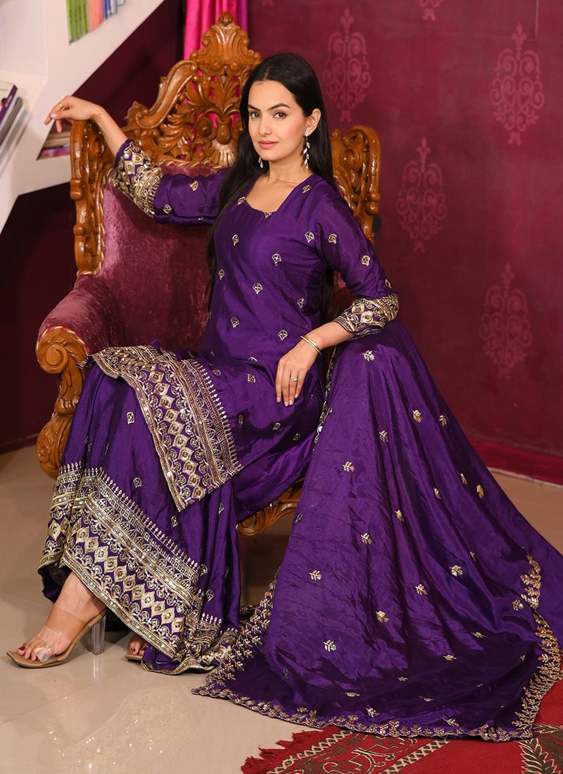 Purple Chinon Embroidered Sequins Sharara Suit Festive Wear-SLSTCFE10