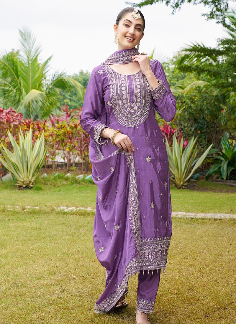 Purple Chinon Embroidered Sequins Straight Pant Suit Festive Wear