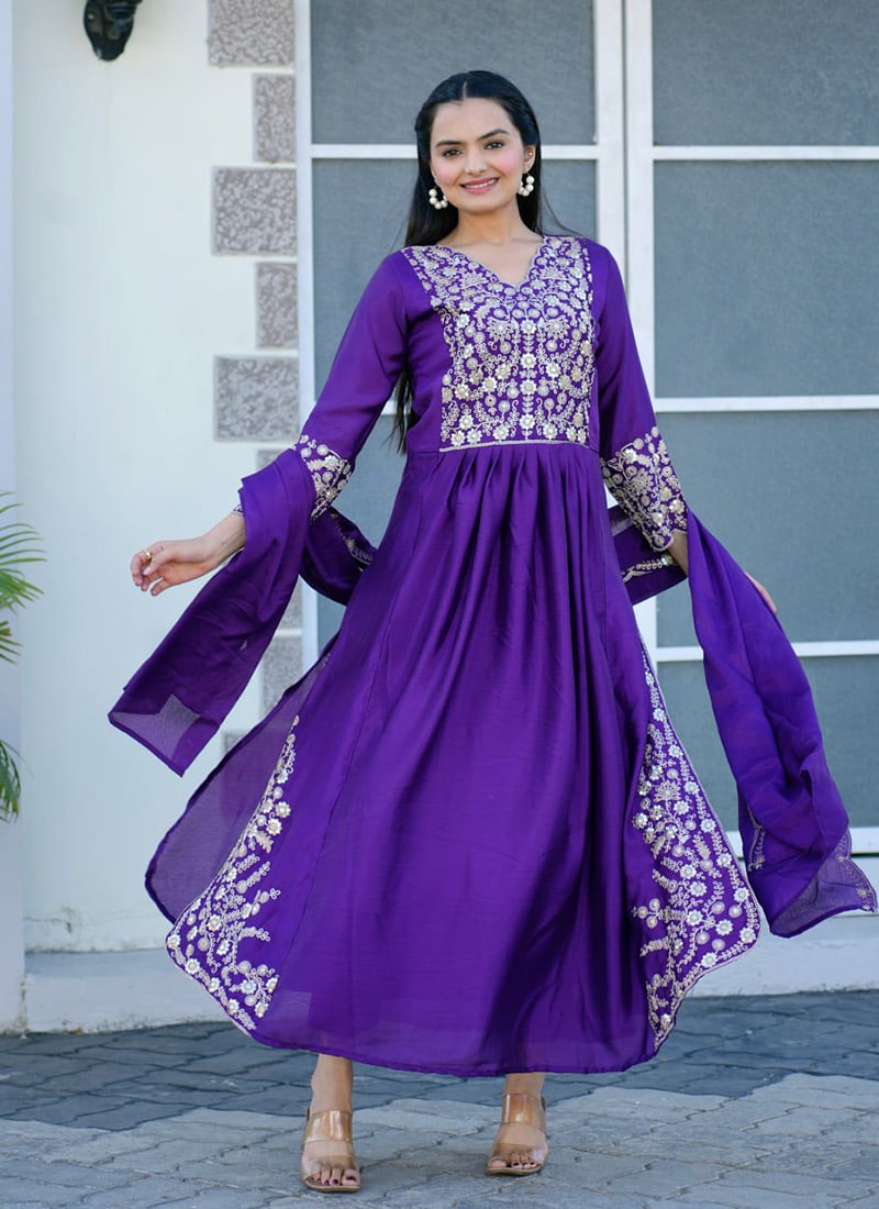 Purple Chinon Embroidered Sequins Straight Pant Suit Festive Wear