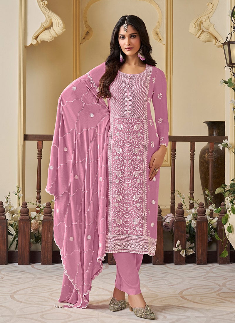 Purple Chinon Embroidered Sequins Straight Pant Suit Festive Wear