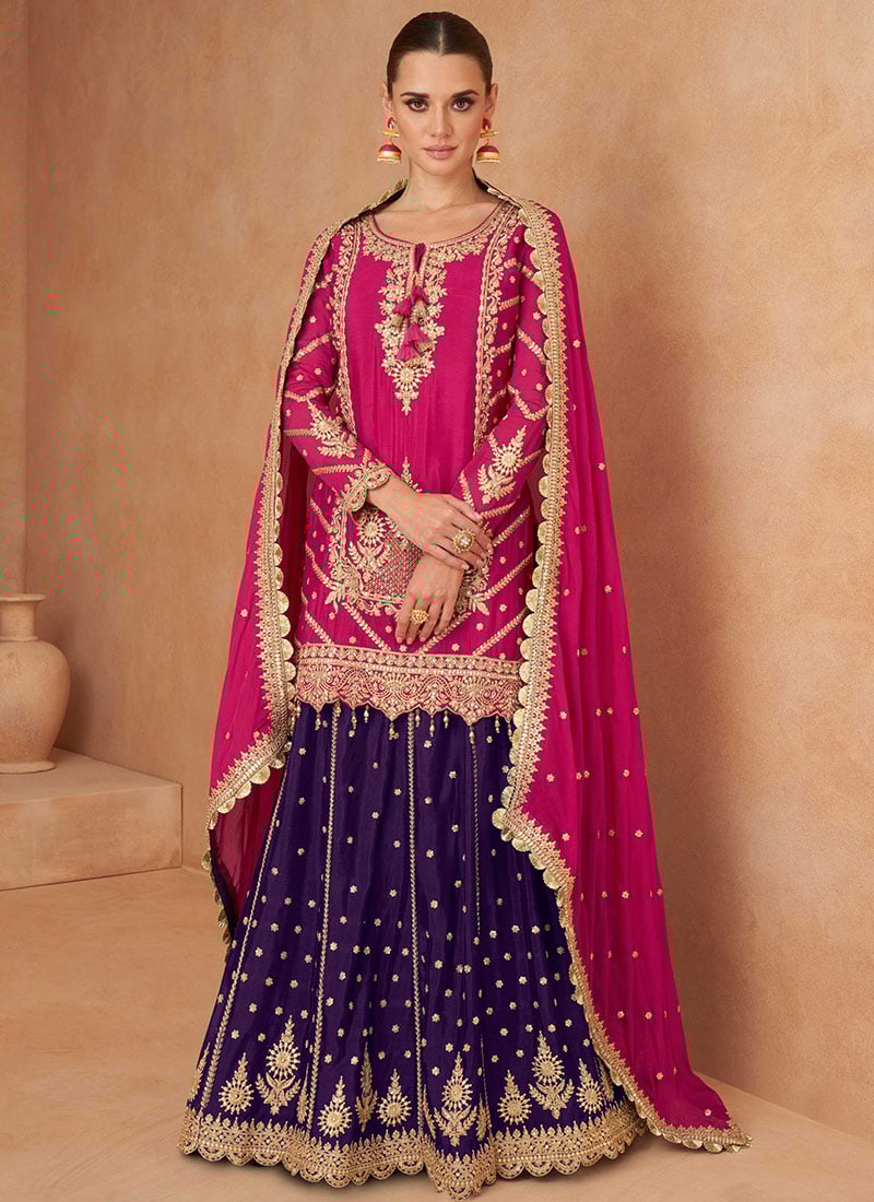 Purple Chinon Embroidered Sequins Stunning Long Choli Lehenga Wedding Wear