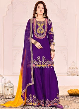 Purple Chinon Embroidered Sequins With Beads Work Sharara Suit