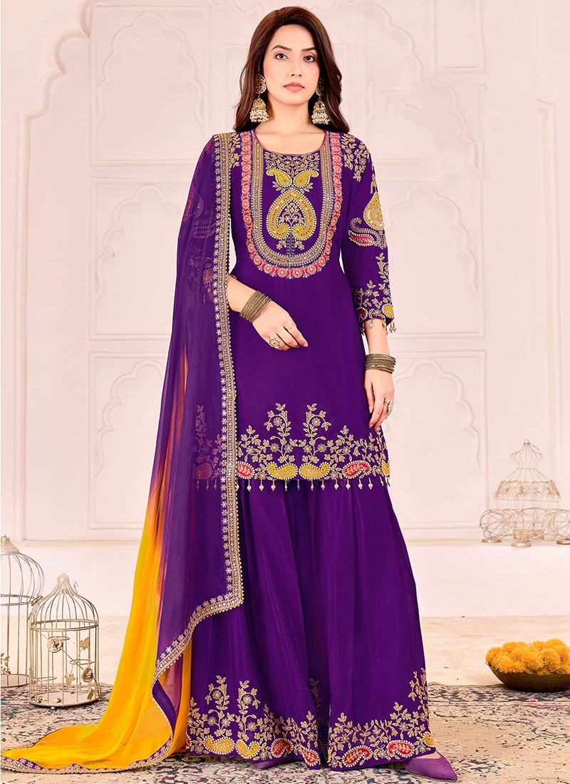 Purple Chinon Embroidered Sequins With Beads Work Sharara Suit