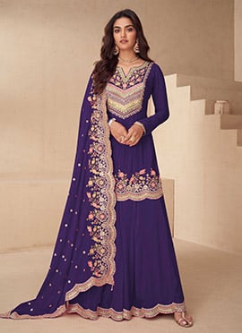 Purple Chinon Embroidered Sequins With Stone Work Palazzo Suit