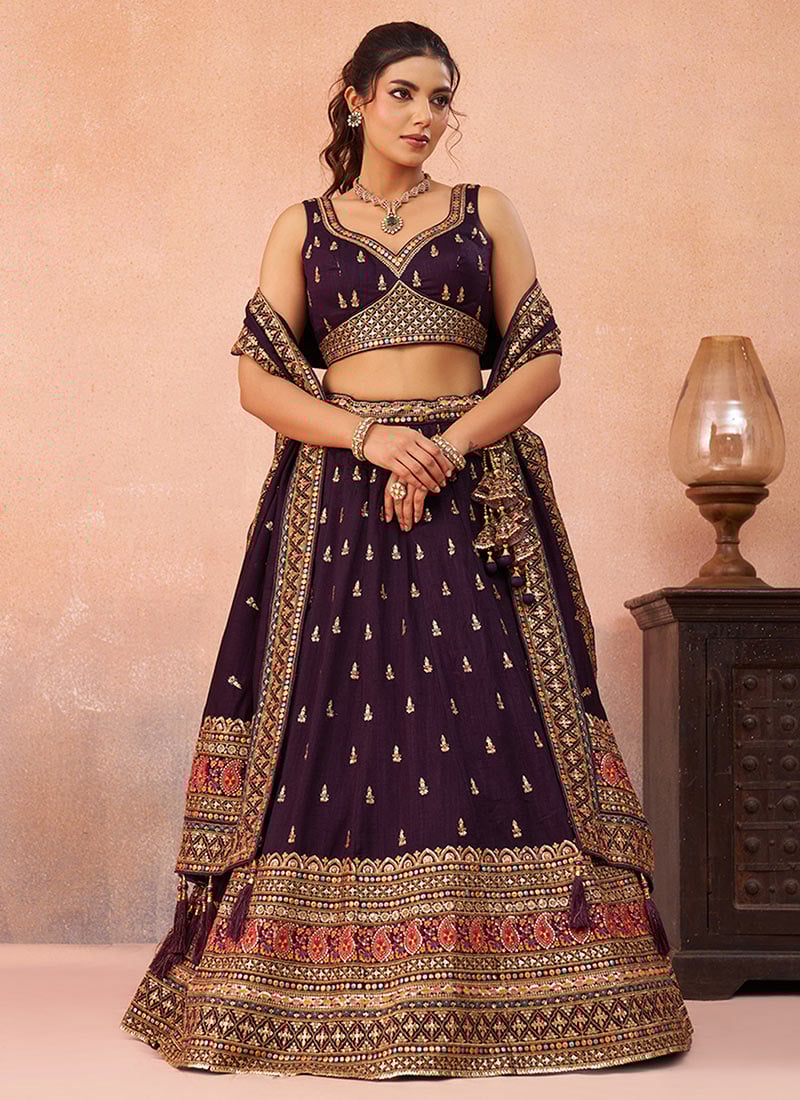 Purple Chinon Embroidered Sequins Zari Lehenga Wedding Wear
