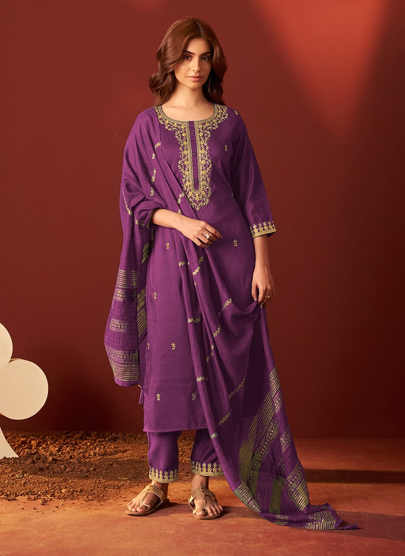 Purple Chinon Embroidered Straight Pant Suit After Six Wear