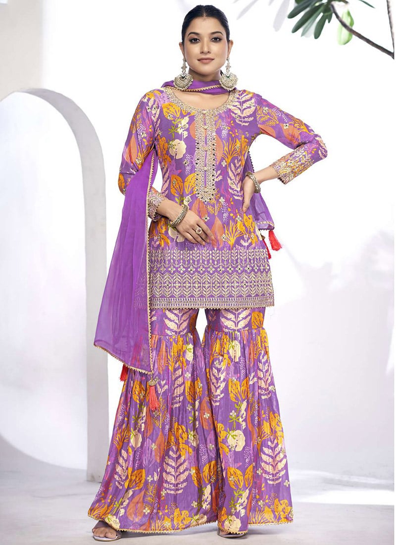Purple Chinon Floral Print Embroidered Mirror Work Dressy Sharara Suit Party Wear-SLSCC51892102