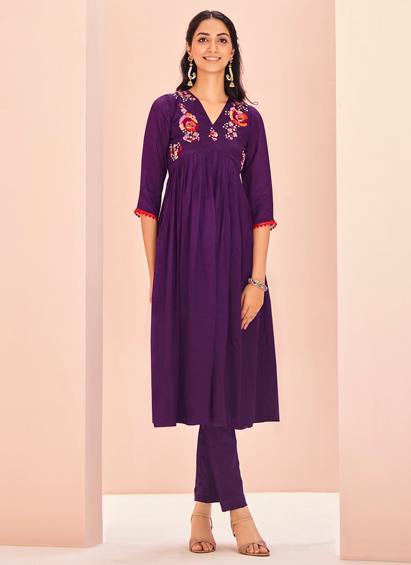 Purple Chinon Hand Work Kurta Straight Pant Set
