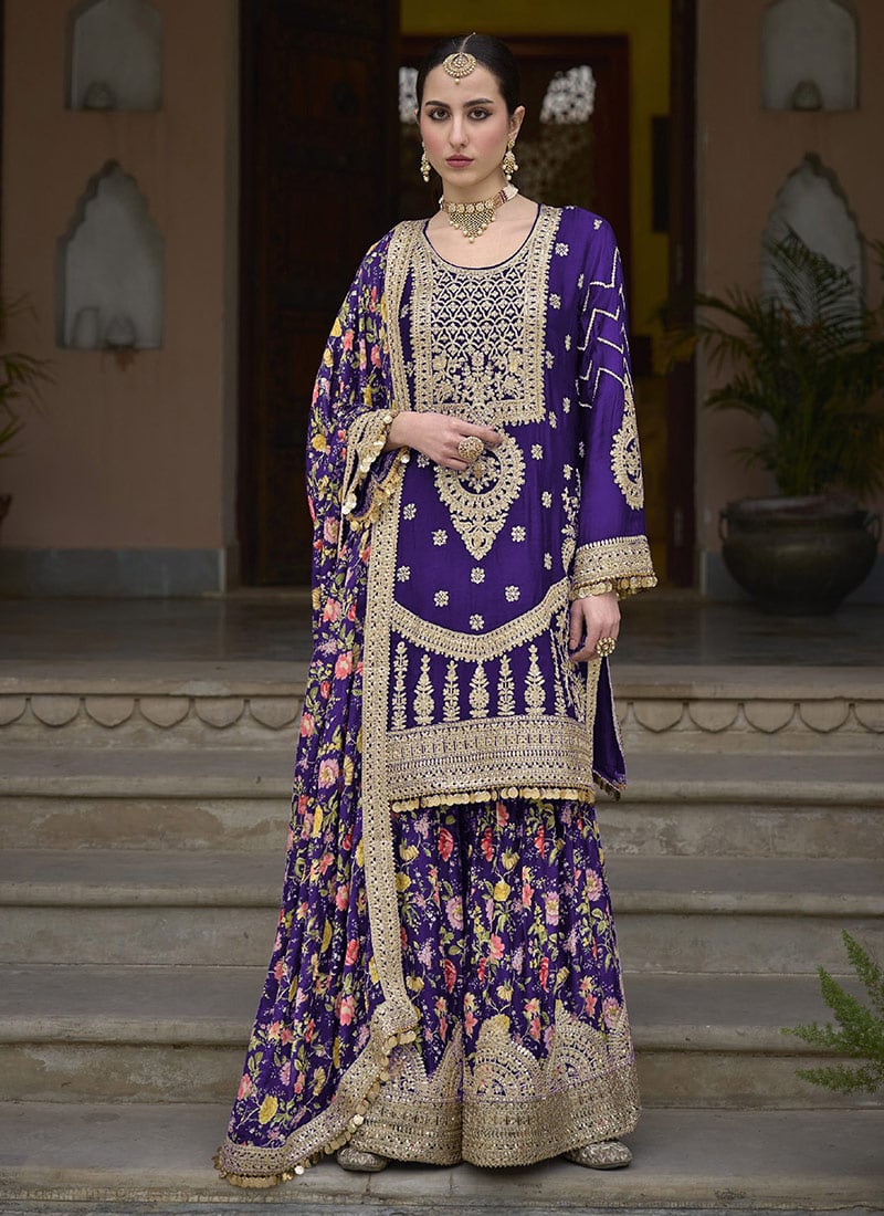Purple Chinon Pakistani Palazzo Suit With Elegant Embroidery And Sequins