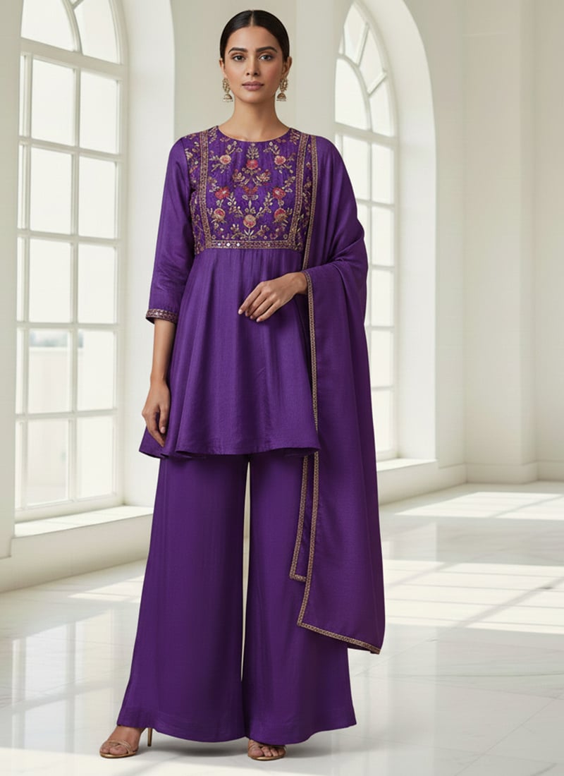 Purple Chinon Peplum Palazzo Suit with Zari Embroidery Festive Wear