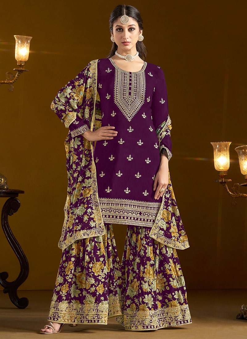 Traditional Function Wear Readymade Suit Collection Purple Premium Chinnon Sharara Suit main image 0
