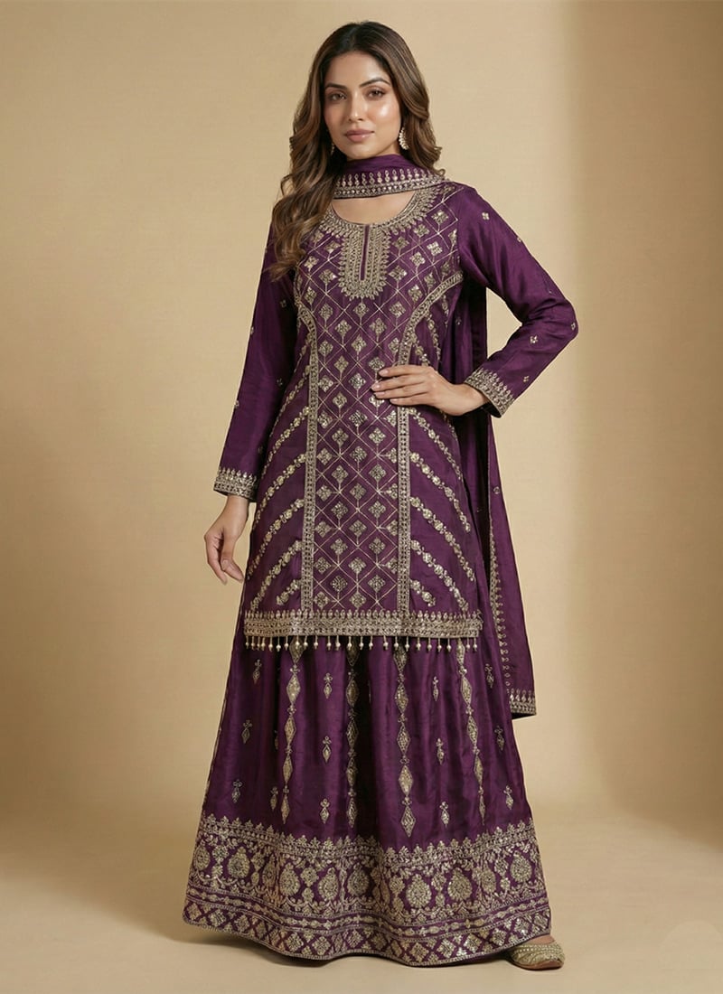 Purple Chinon Sequins Embroidered A Line Lehenga Wedding Wear