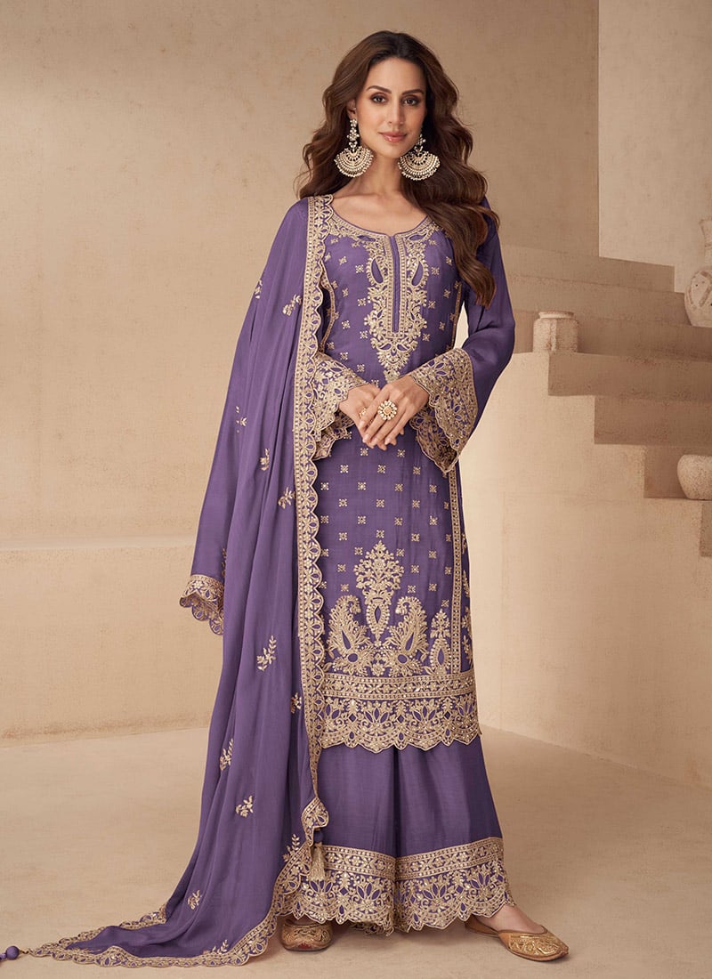 Purple Chinon Sequins Embroidered Stones Zari Pakistani Palazzo Suit Festive Wear