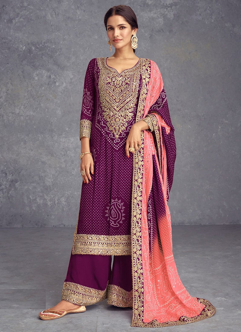 Purple Chinon Silk Bandhini Print Embroidered Sequins Palazzo Suit Festive Wear