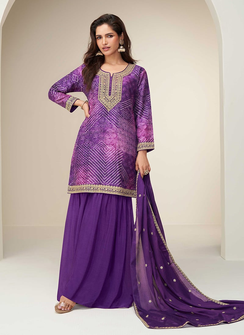 Purple Chinon Silk Bandhini Print Zari Embroidered Sequins Sharara Suit Festive Wear