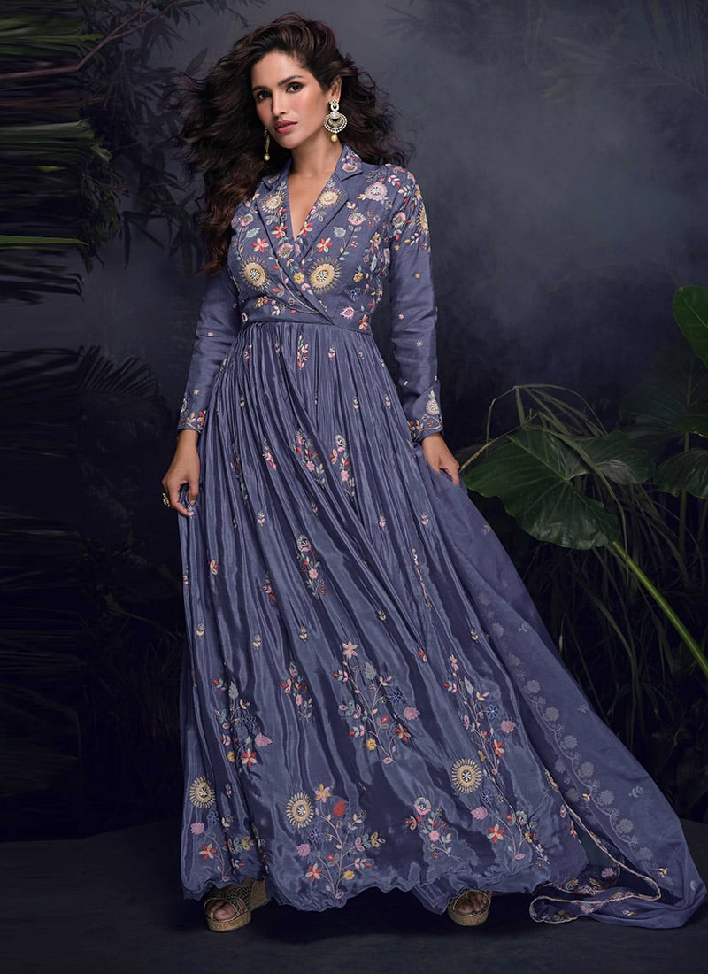 Purple Chinon Silk Beads Sequins Graceful Anarkali Suit Festive Wear