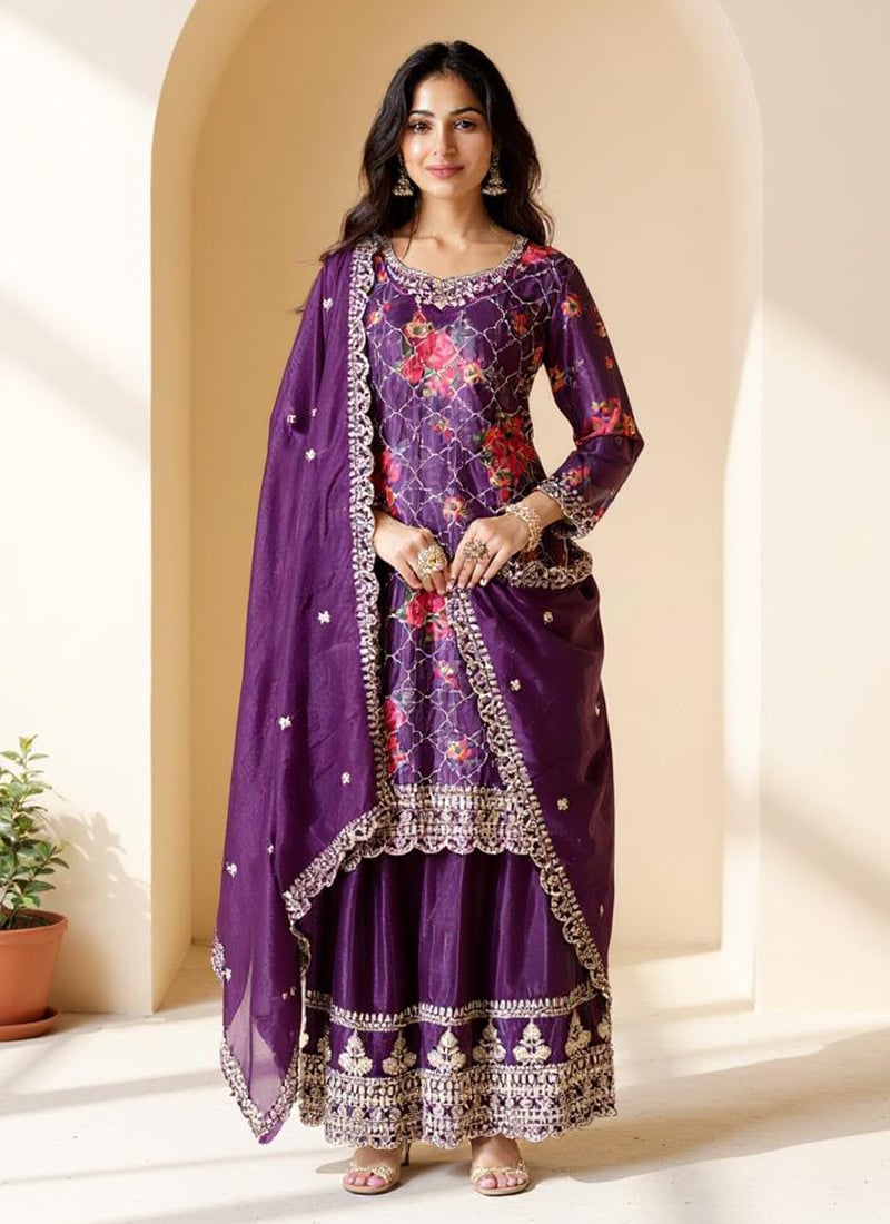 Purple Chinon Silk Digital Print Embroidered Sequins Palazzo Suit