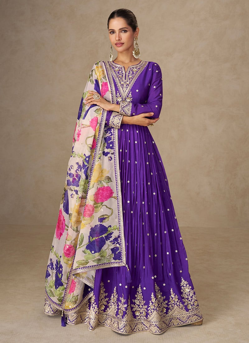 Purple Chinon Silk Digital Print With Zari Embroidered Sequins Anarkali Suit Festive Wear