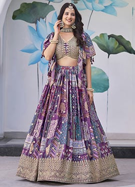 Purple Chinon Silk Digital Print Zari Embroidered Lehenga Wedding Wear