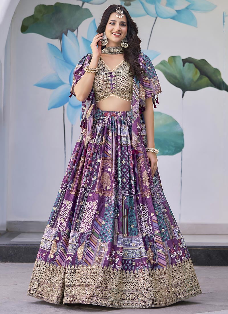 Purple Chinon Silk Digital Print Zari Embroidered Lehenga Wedding Wear