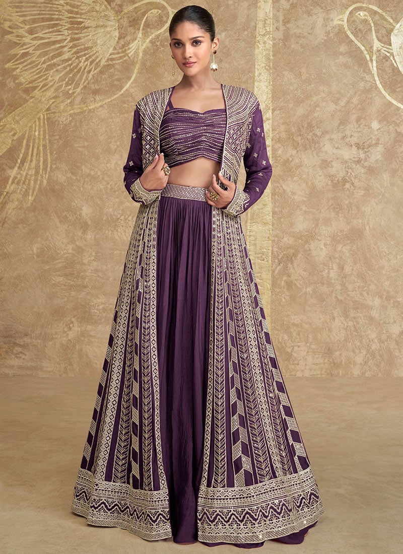 Purple Chinon Silk Embroidered And Sequins Indowestern Jacket Lehenga Wedding Wear