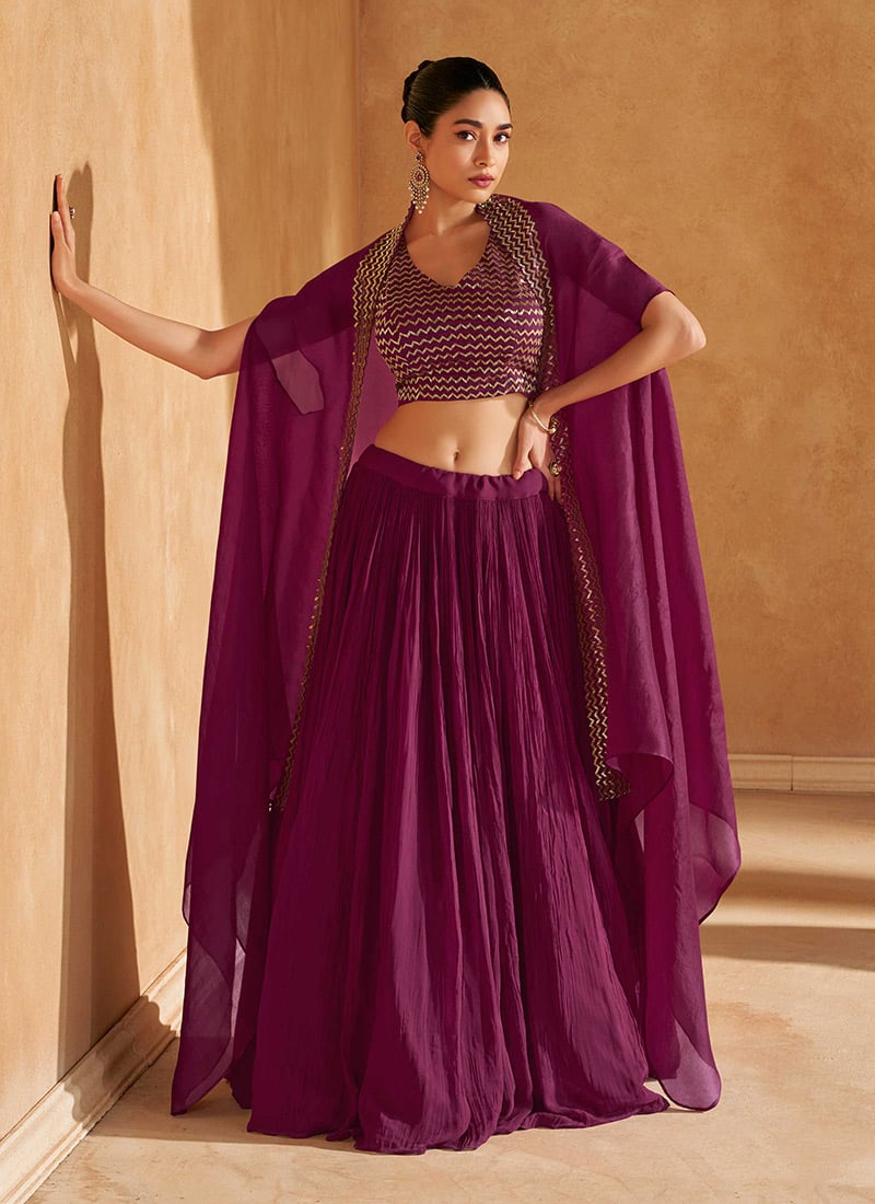 Purple Chinon Silk Embroidered Beads Indowestern Jacket Lehenga Set Wedding Wear