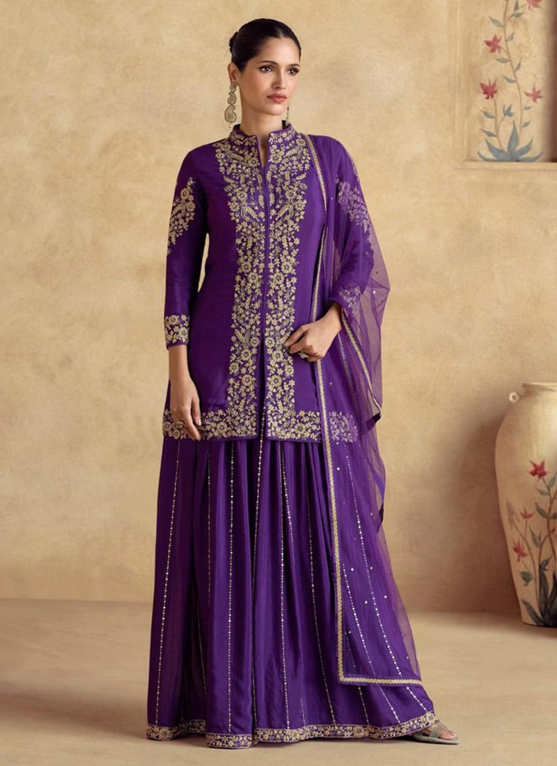 Purple Chinon Silk Embroidered Classy Palazzo Suit Festive Wear