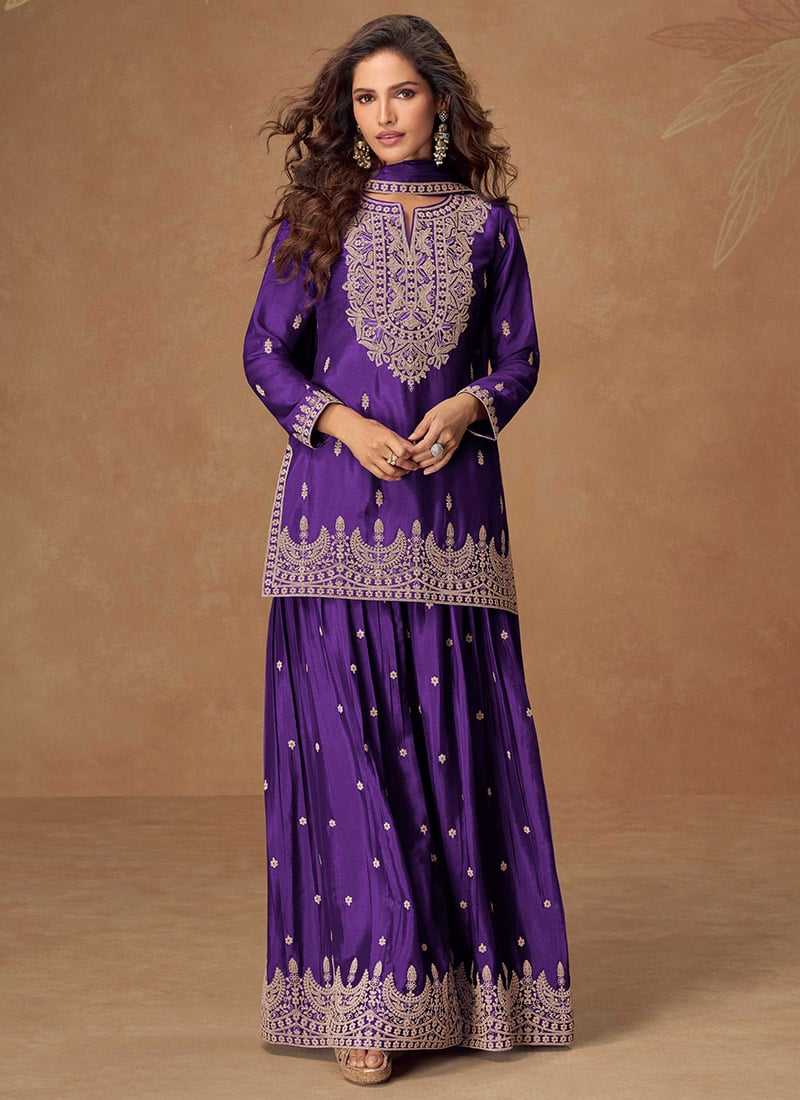 Purple Chinon Silk Embroidered Palazzo Suit  Festive Wear