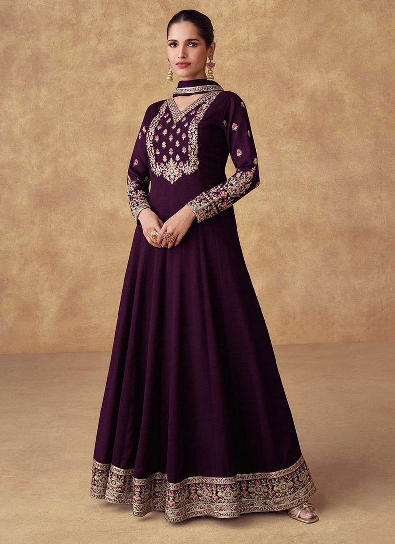 Purple Chinon Silk Embroidered Sequins A Line Anarkali Suit Stunning Wear Festive Wear