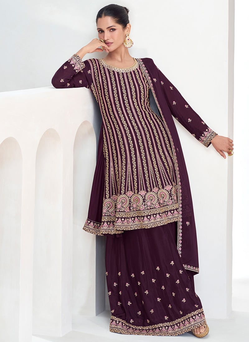 Purple Chinon Silk Embroidered Sequins A Line Palazzo Suit Festive Wear