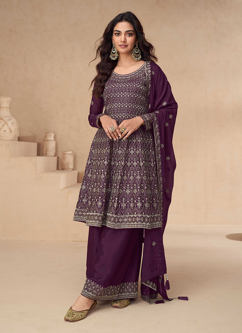 Purple Chinon Silk Embroidered Sequins A Line Palazzo Suit Festive Wear