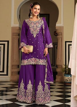 Purple Chinon Silk Embroidered Sequins And Mirror Work Sharara Suit