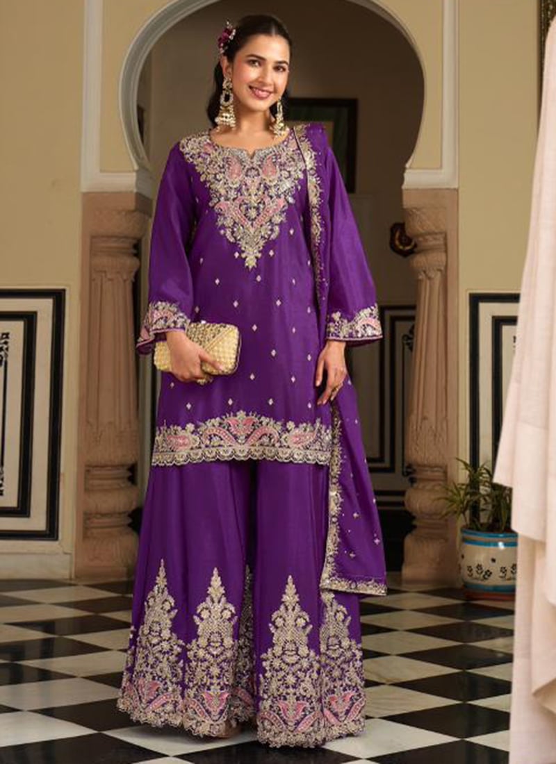 Purple Chinon Silk Embroidered Sequins And Mirror Work Sharara Suit Festive Wear