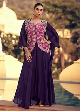 Purple Chinon Silk Embroidered Sequins Beads Work Indowestern Jacket Palazzo Set Wedding Wear