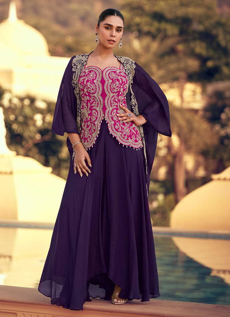 Purple Chinon Silk Embroidered Sequins Beads Work Indowestern Jacket Palazzo Set Wedding Wear