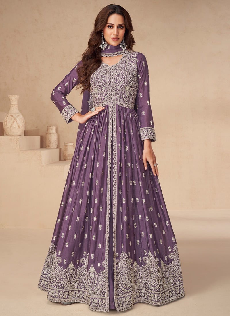 Purple Chinon Silk Embroidered Sequins Gorgeous Anarkali Lehenga Wedding Wear