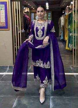 Purple Chinon Silk Embroidered Sequins Palazzo Suit