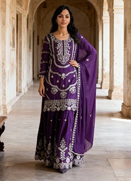 Purple Chinon Silk Embroidered Sequins Palazzo Suit