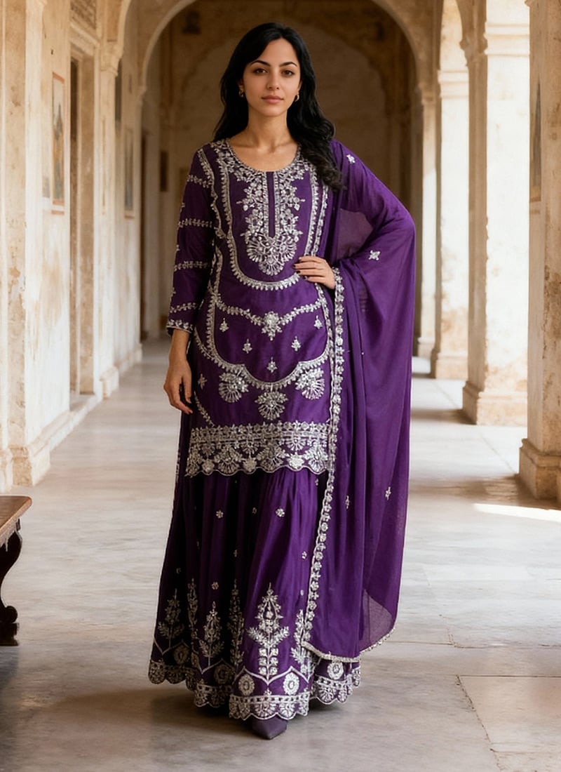 Purple Chinon Silk Embroidered Sequins Palazzo Suit Festive Wear